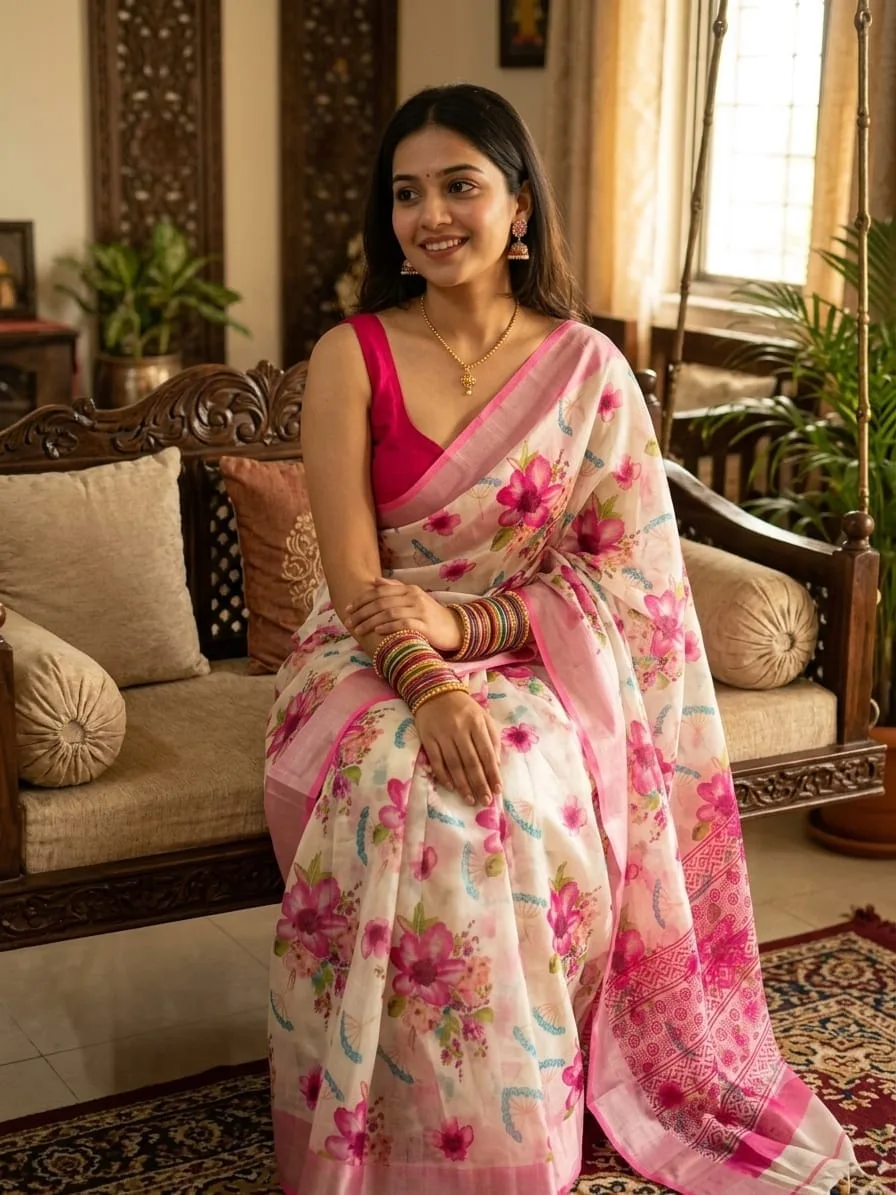 Cream with Rani Pink Watercolour Floral Print Linen Cotton Saree